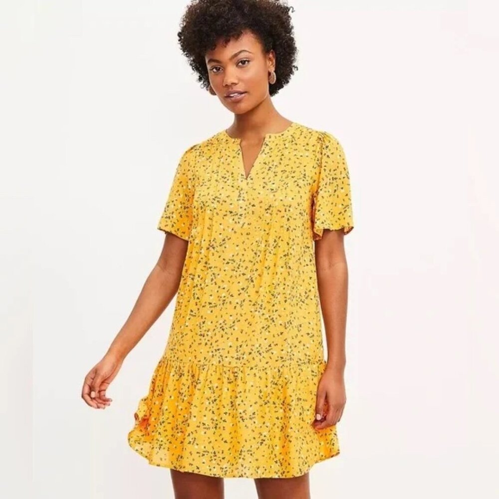 Loft Yellow Floral Dress Ruffle Hem Short Sleeve Size Small